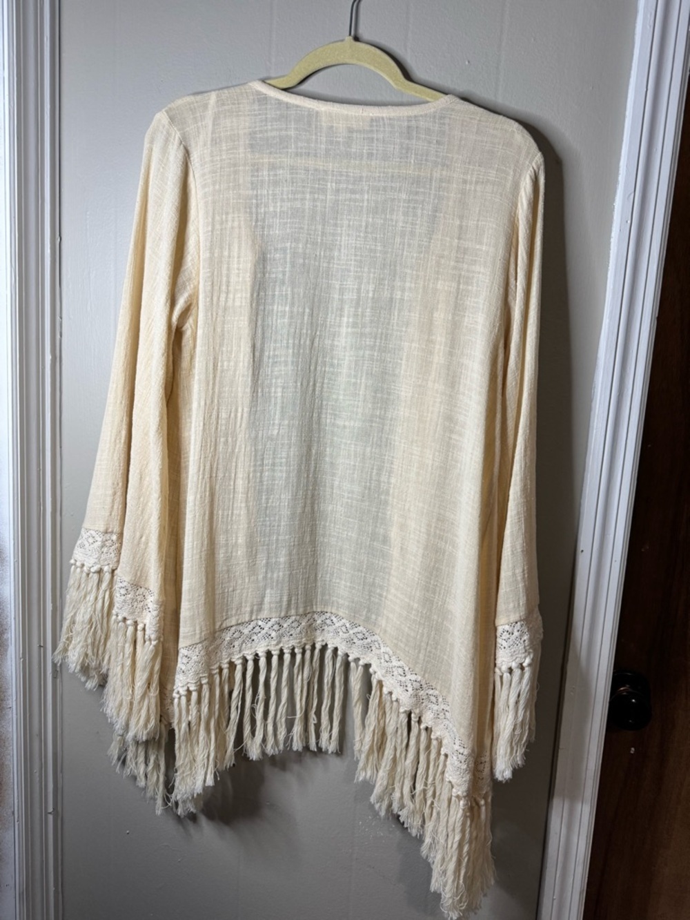 Ciel USA Cream-Colored Kimono Intricate Lace Detailing and Long Fringe Trim S/M - Picture 2 of 11